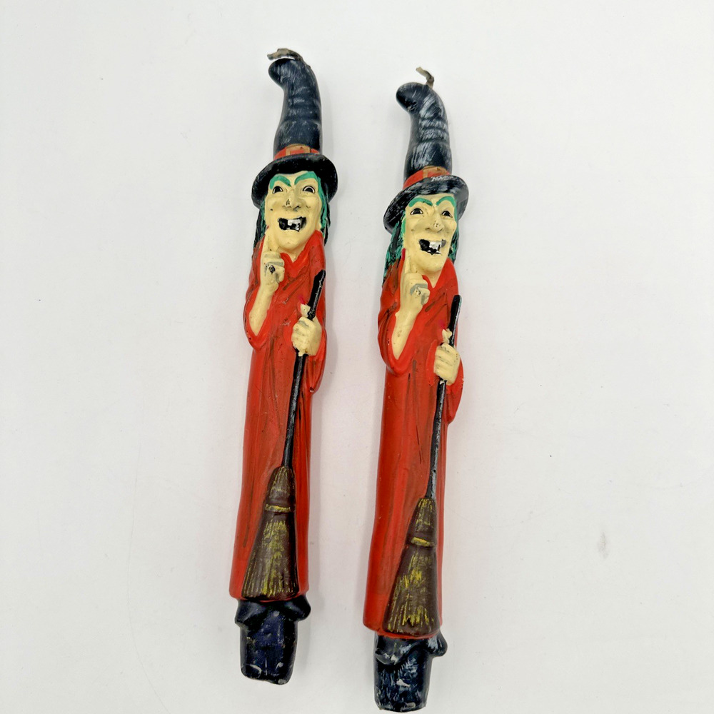 Pair Of Vintage Halloween Paraffin Wax Witch Taper Candle 10" Retro MCM Decor